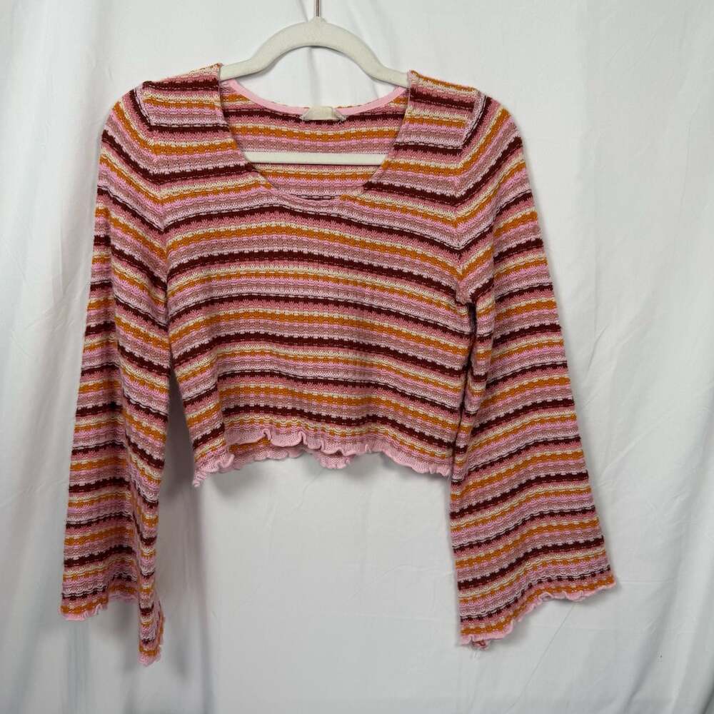 Altar'd State Striped Pointelle Knit Cropped Bell Sleeve Sweater